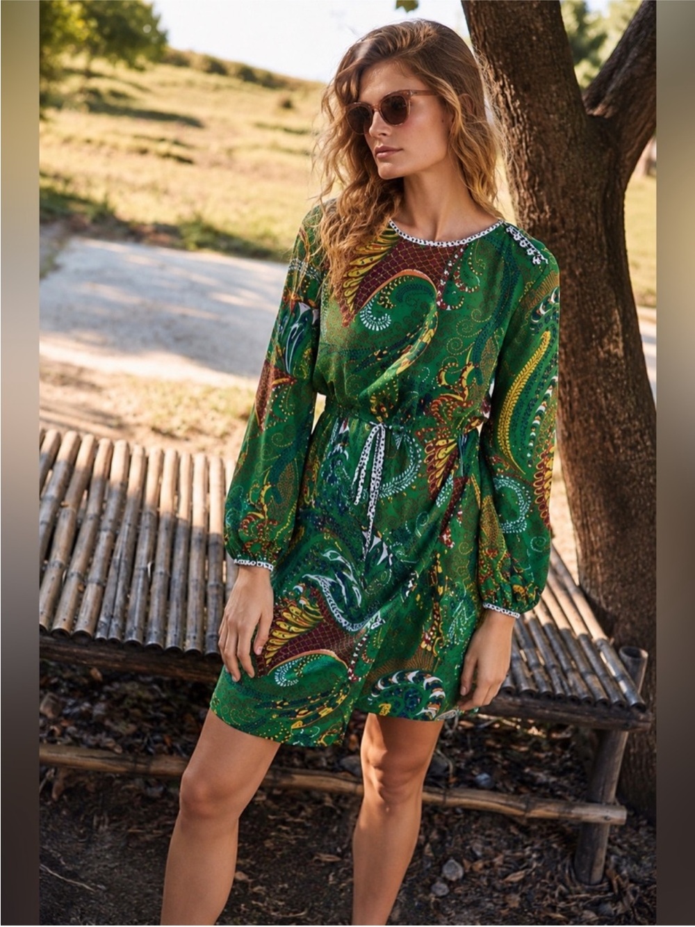 Anthropologie Maeve Janis Exotic Printed Long Sleeve Dress Green Size 4